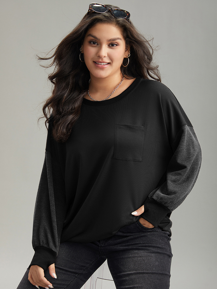 

Plus Size Two Tone Patched Pocket Drop Shoulder Sweatshirt Women Black Casual Elastic cuffs Round Neck Everyday Sweatshirts BloomChic