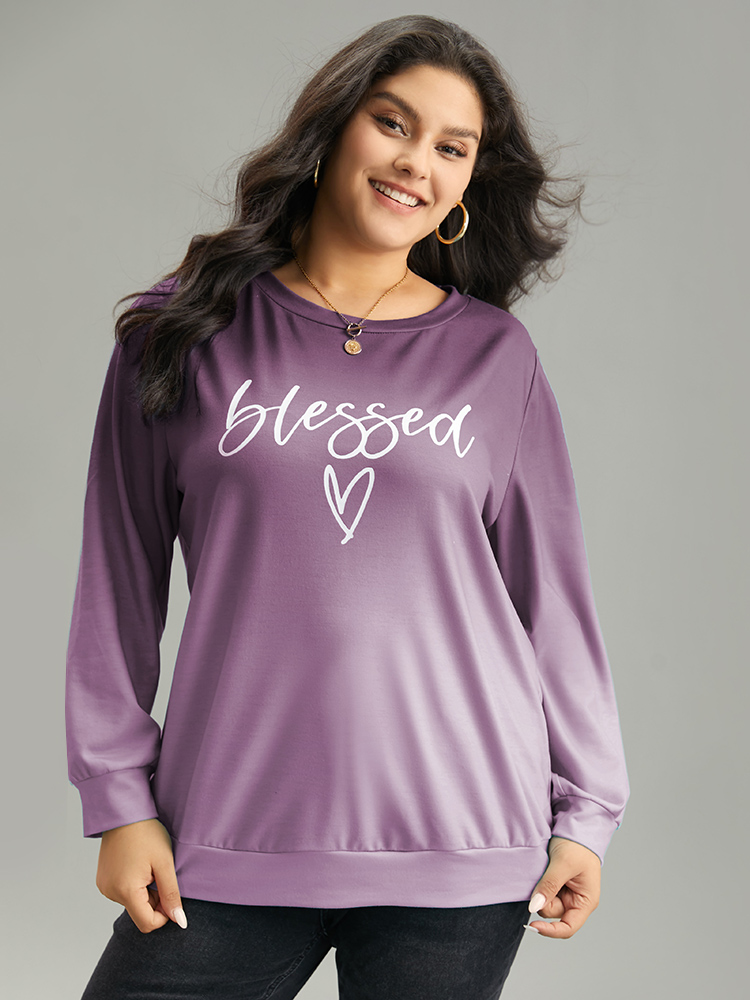 

Plus Size Letter Print Ombre Crew Neck Sweatshirt Women Purple Casual Printed Dailywear Sweatshirts BloomChic