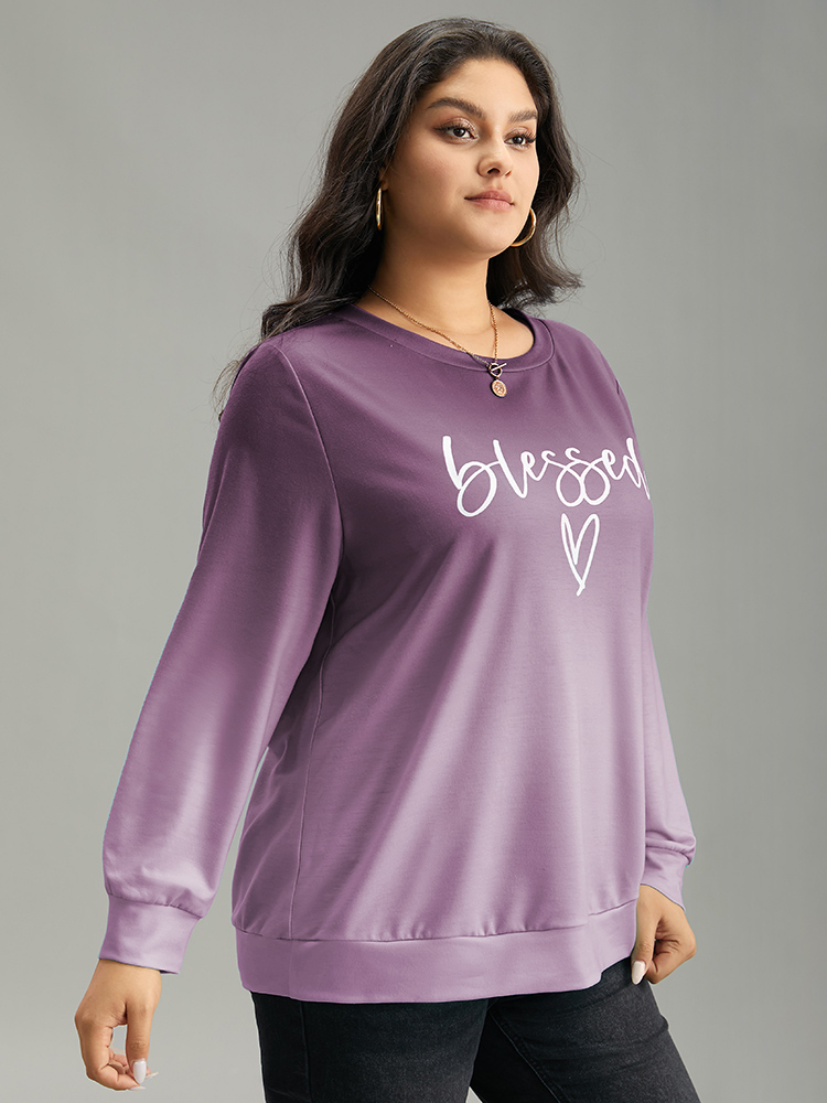 Plus Size Letter Print Ombre Crew Neck Sweatshirt Women Purple Casual Printed Dailywear Sweatshirts BloomChic 12/L 