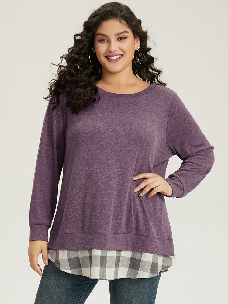 

Plus Size Heather Plaid Patchwork Crew Neck T-shirt Purple Women Casual Heather Plaid Round Neck Everyday T-shirts BloomChic