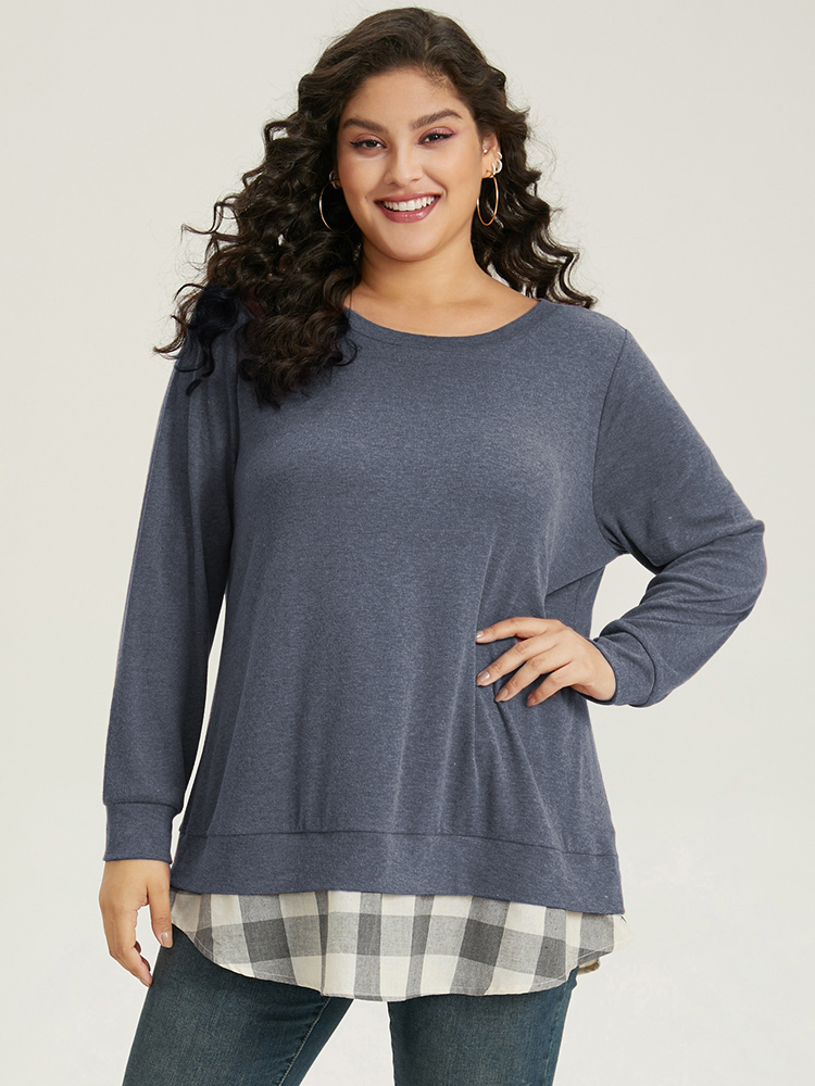 

Plus Size Heather Plaid Patchwork Crew Neck T-shirt Blue Women Casual Heather Plaid Round Neck Everyday T-shirts BloomChic