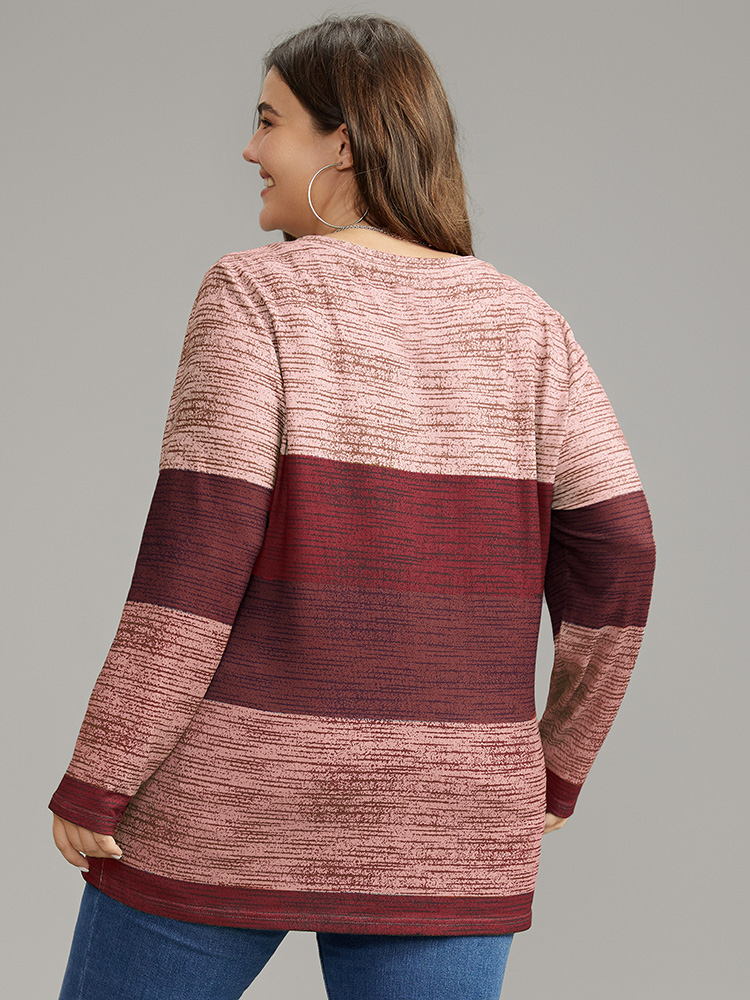 Plus Size Striped Colorblock Contrast V Neck T-shirt Red Women Casual Contrast Colorblock V-neck Everyday T-shirts BloomChic 22-24/3X 