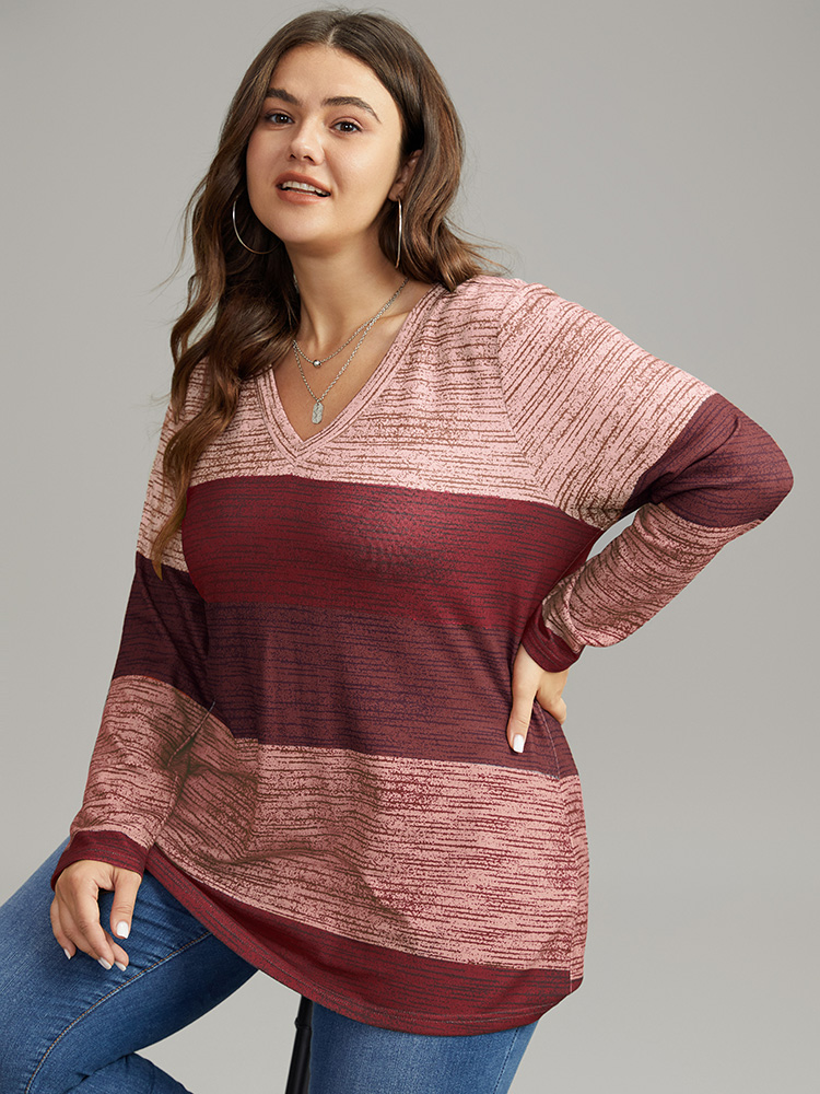 Plus Size Striped Colorblock Contrast V Neck T-shirt Red Women Casual Contrast Colorblock V-neck Everyday T-shirts BloomChic 22-24/3X 