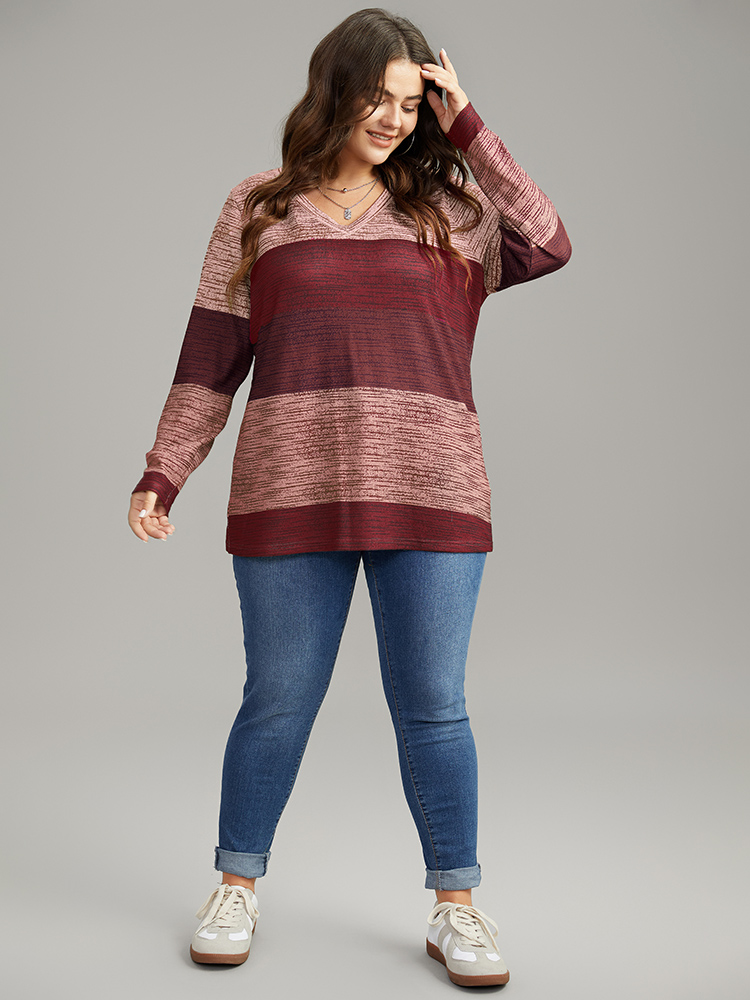 Plus Size Striped Colorblock Contrast V Neck T-shirt Red Women Casual Contrast Colorblock V-neck Everyday T-shirts BloomChic 22-24/3X 