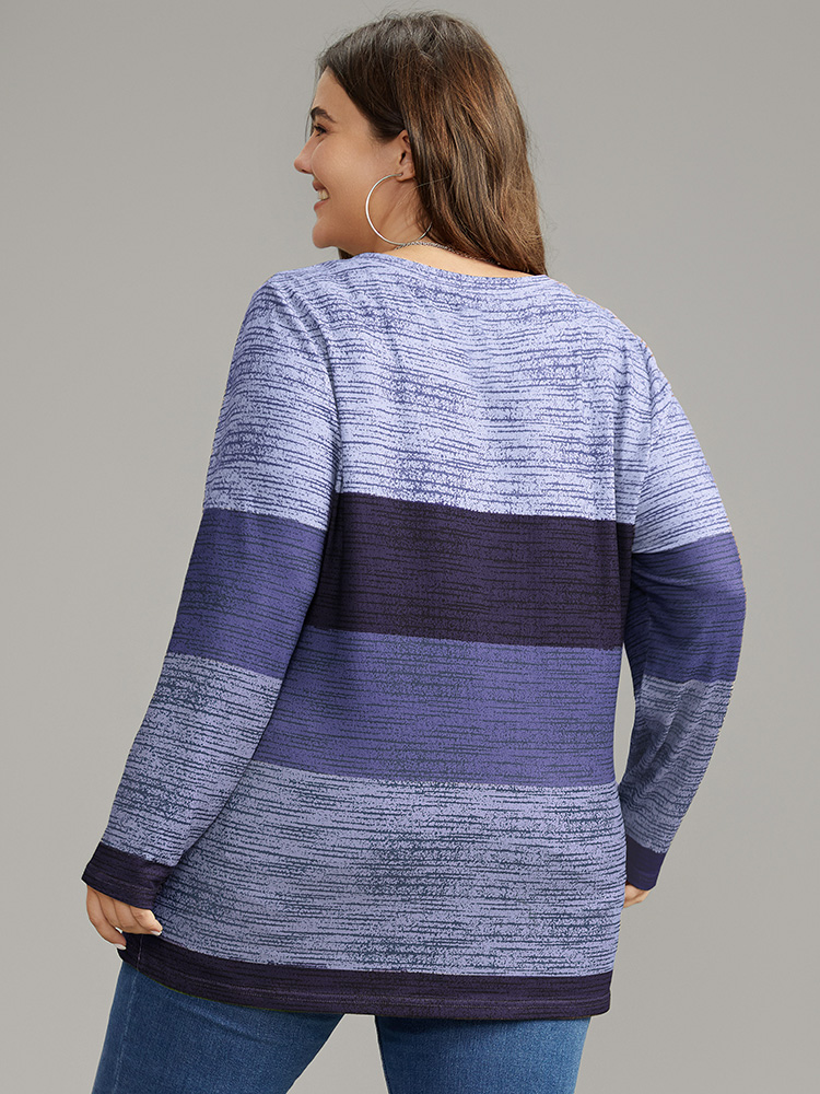 Plus Size Striped Colorblock Contrast V Neck T-shirt Blue Women Casual Contrast Colorblock V-neck Everyday T-shirts BloomChic 14-16/1X 