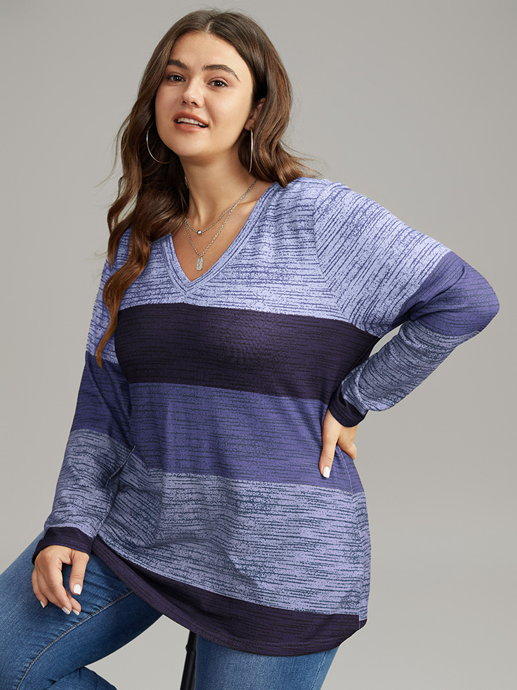 Plus Size Striped Colorblock Contrast V Neck T-shirt Blue Women Casual Contrast Colorblock V-neck Everyday T-shirts BloomChic 14-16/1X 