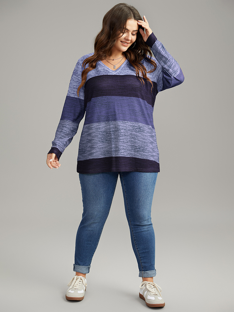 Plus Size Striped Colorblock Contrast V Neck T-shirt Blue Women Casual Contrast Colorblock V-neck Everyday T-shirts BloomChic 14-16/1X 