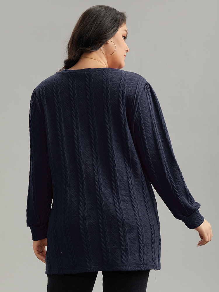 Plus Size Plain Cable Knit Elastic Cuffs Sweatshirt Women Indigo Casual Texture V-neck Dailywear Sweatshirts BloomChic 10/M 
