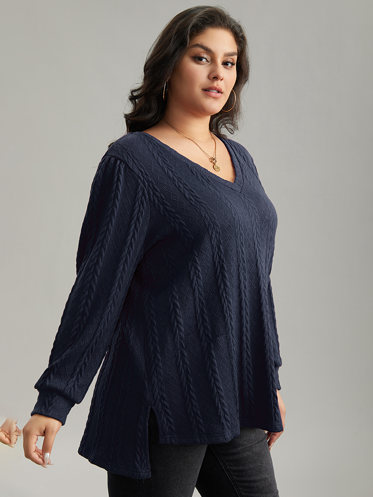 Plus Size Plain Cable Knit Elastic Cuffs Sweatshirt Women Indigo Casual Texture V-neck Dailywear Sweatshirts BloomChic 10/M 