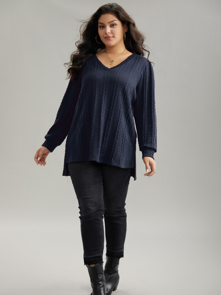 

Plus Size Plain Cable Knit Elastic Cuffs Sweatshirt Women Indigo Casual Texture V-neck Dailywear Sweatshirts BloomChic