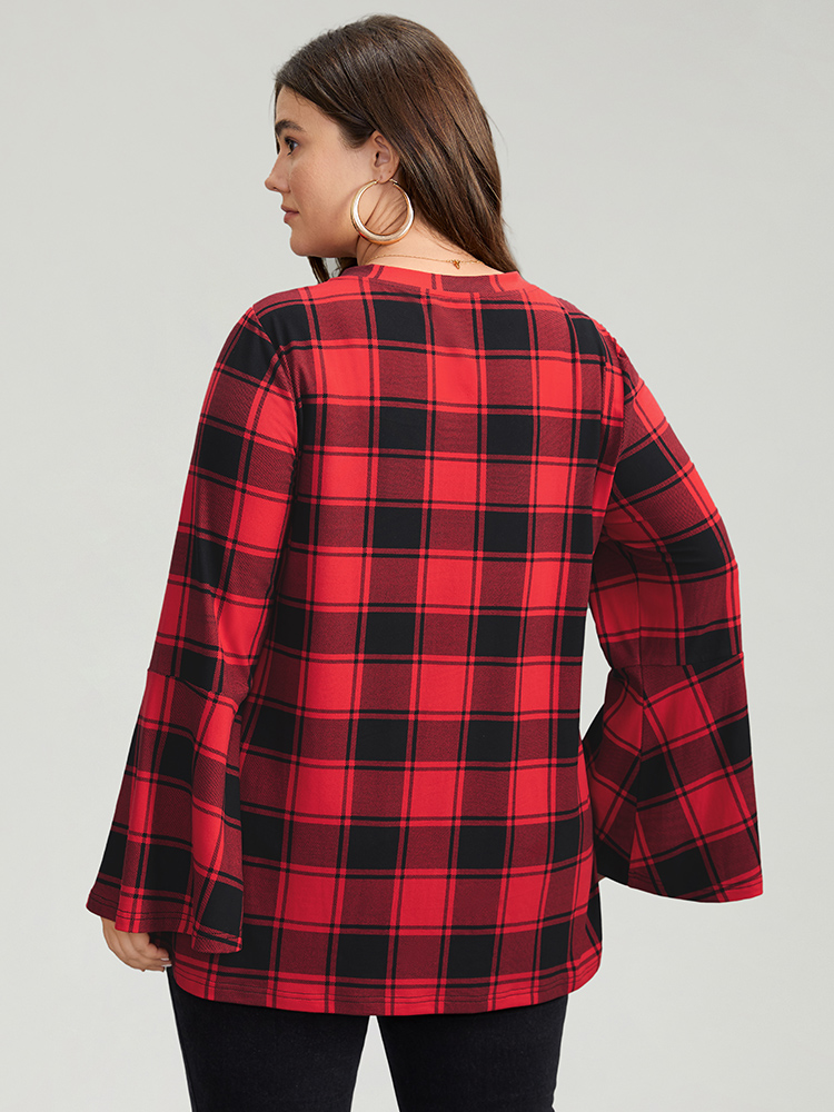 

Plaid Lace Up Tie Neck Bell Sleeve T-shirt, Red