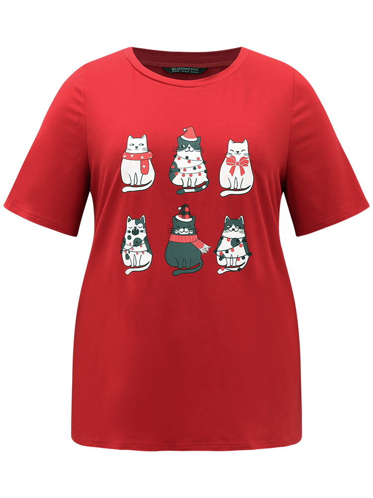 

Plus Size Christmas Cat Print Round Neck T-shirt Red Women Casual Printed Christmas Festival-Christmas T-shirts BloomChic