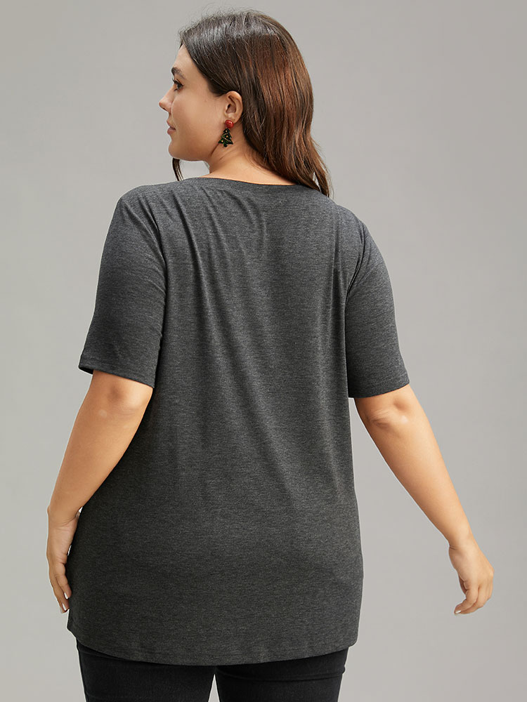 Plus Size Plaid Bear Patchwork Round Neck T-shirt DimGray Women Casual Printed Christmas Festival-Christmas T-shirts BloomChic 28/5X 