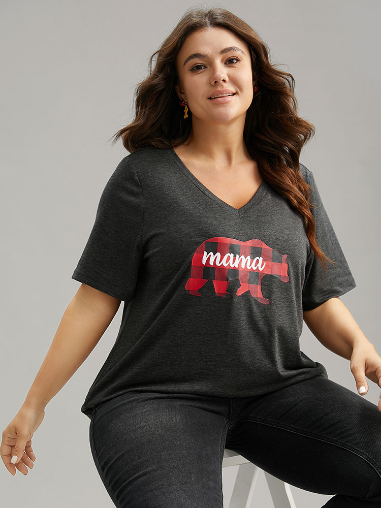 Plus Size Plaid Bear Patchwork Round Neck T-shirt DimGray Women Casual Printed Christmas Festival-Christmas T-shirts BloomChic 28/5X 