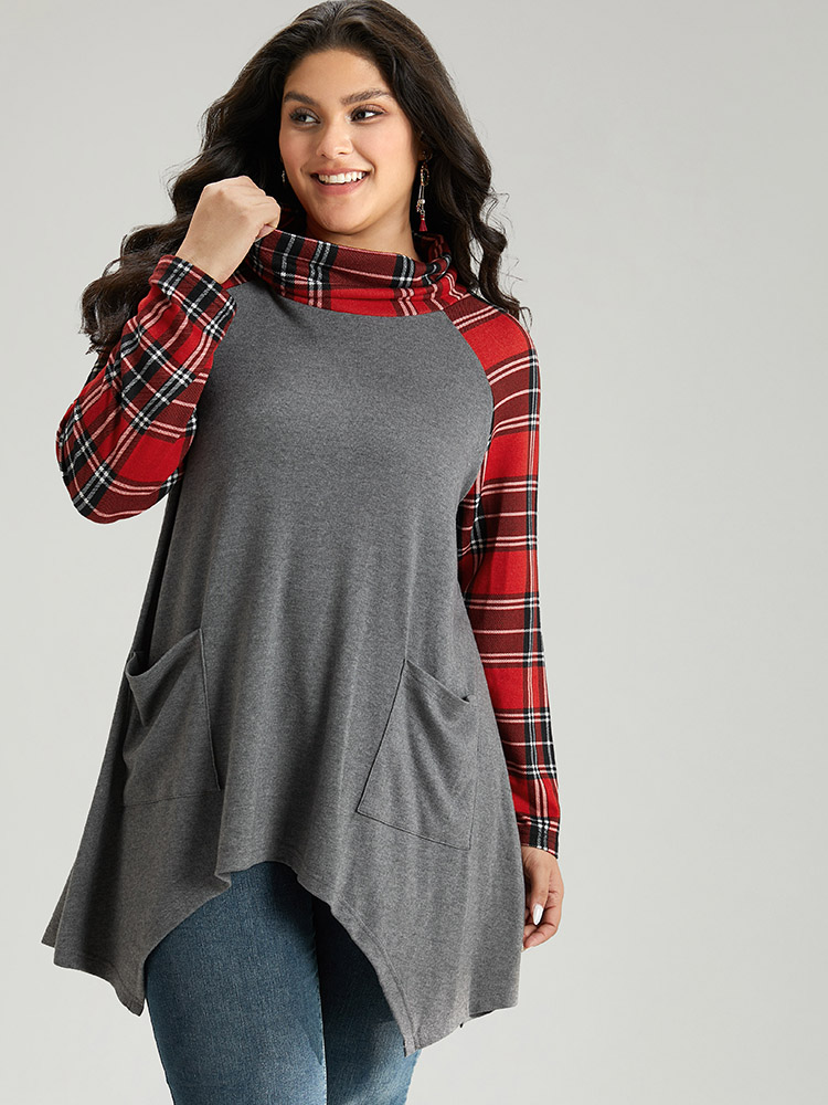 

Plus Size Christmas Plaid Pocket Patchwork Asymmetrical Hem T-shirt DimGray Turtleneck Long Sleeve Elegant Jersey Tops