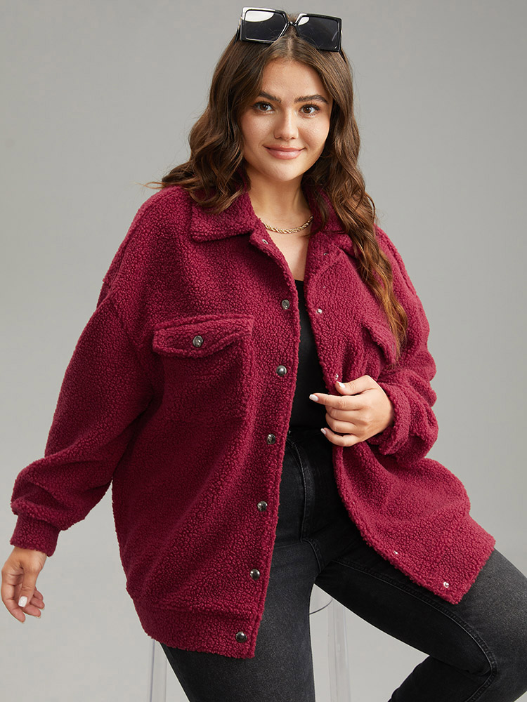 

Plus Size Fuzzy Solid Flap Pocket Button Fly Coat Women Russet Casual Texture Ladies Everyday Winter Coats BloomChic