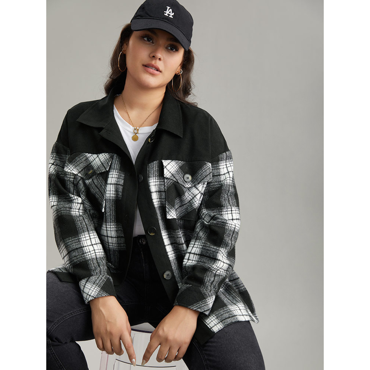 

Plus Size Plaid Patchwork Patched Pocket Button Through Shacket Women Black Casual Contrast Ladies Dailywear Winter Coats BloomChic