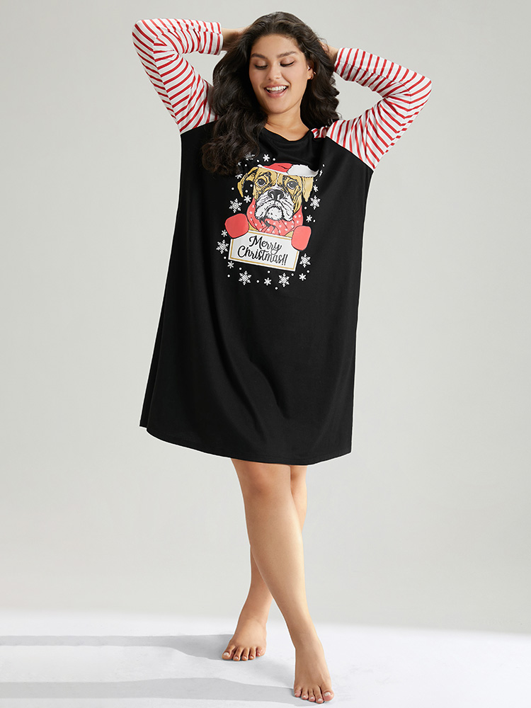 

Plus Size Christmas Graphic Striped Patchwork Pocket Sleep Dress Black Long Sleeve Round Neck Casual Festival-Christmas  Bloomchic