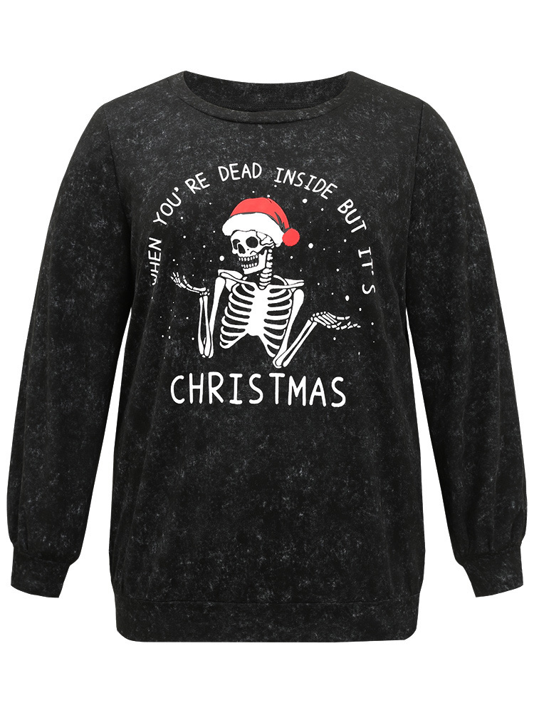 

Plus Size Christmas Vintage Skull Print Crew Neck Sweatshirt Women Black Casual Elastic cuffs Festival-Christmas Sweatshirts BloomChic