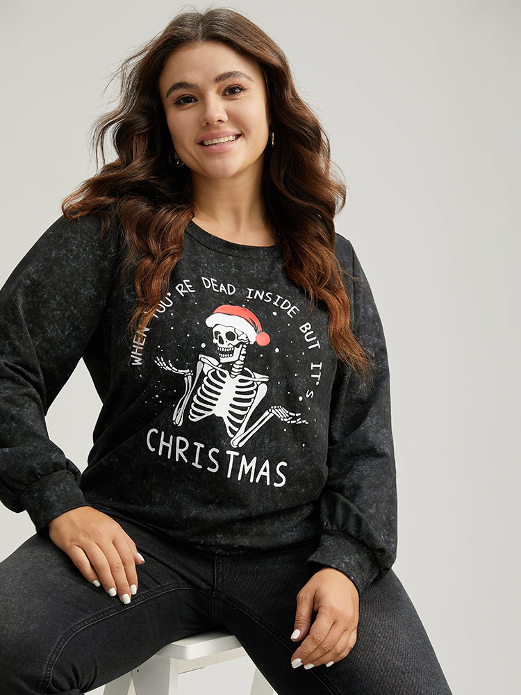 Plus Size Christmas Vintage Skull Print Crew Neck Sweatshirt Women Black Casual Elastic cuffs Festival-Christmas Sweatshirts BloomChic 10/M 