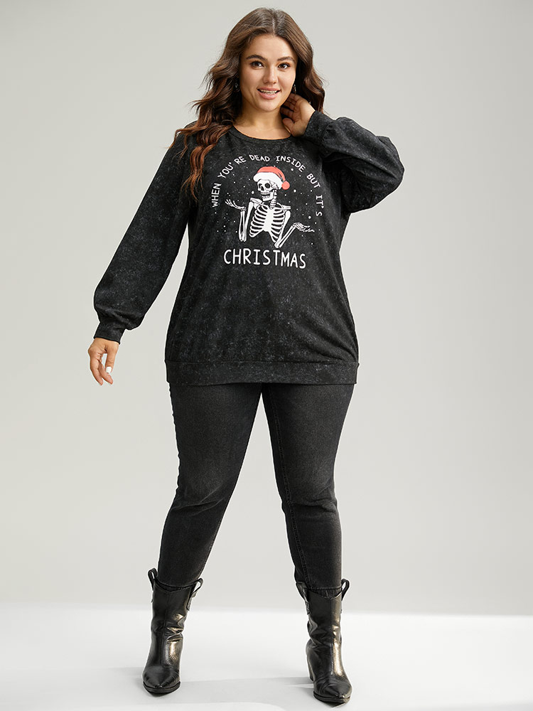 Plus Size Christmas Vintage Skull Print Crew Neck Sweatshirt Women Black Casual Elastic cuffs Festival-Christmas Sweatshirts BloomChic 10/M 
