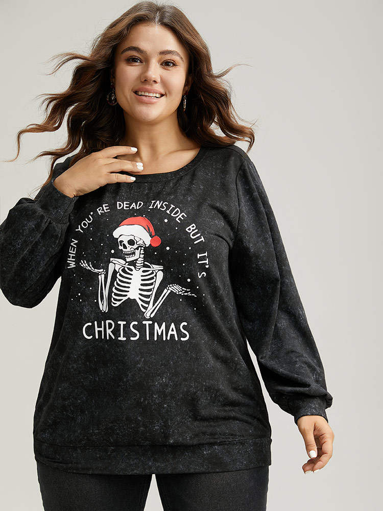 Plus Size Christmas Vintage Skull Print Crew Neck Sweatshirt Women Black Casual Elastic cuffs Festival-Christmas Sweatshirts BloomChic 10/M 