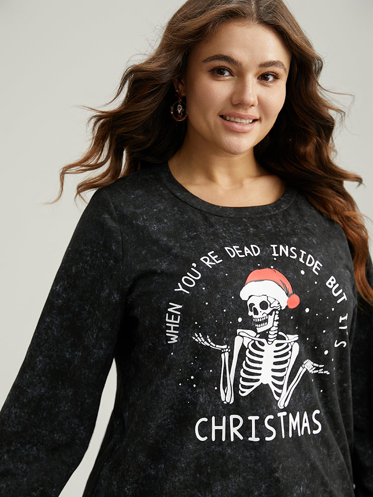 Plus Size Christmas Vintage Skull Print Crew Neck Sweatshirt Women Black Casual Elastic cuffs Festival-Christmas Sweatshirts BloomChic 10/M 