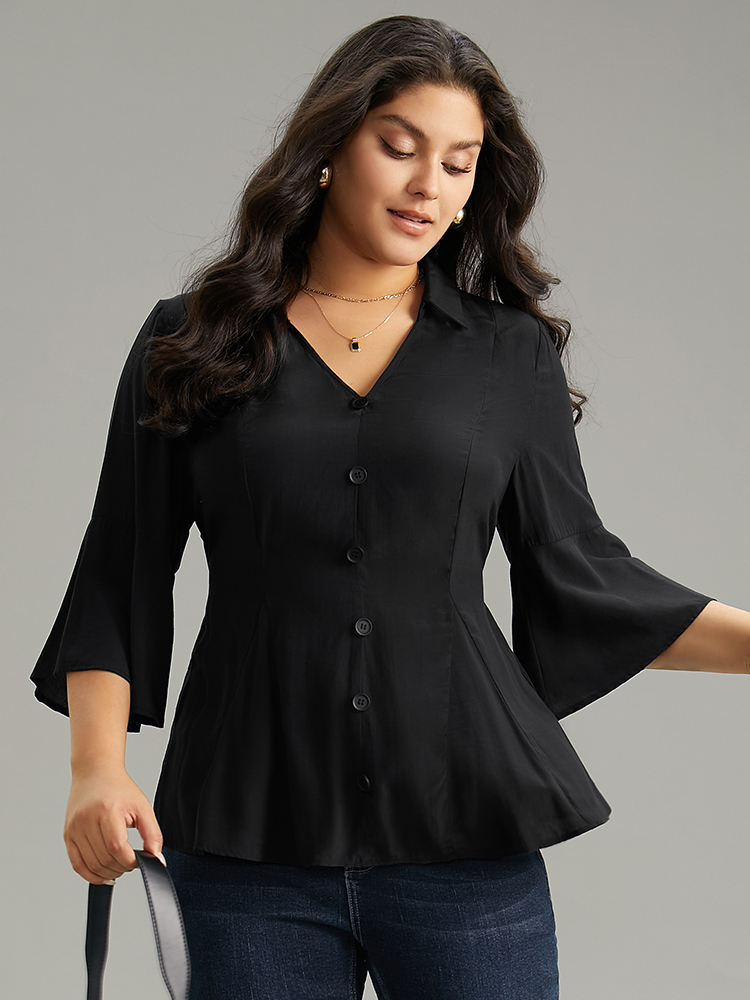 

Plus Size Black Plain Button Detail Bell Sleeve Blouse Women Office Elbow-length sleeve Shirt collar Work Blouses BloomChic