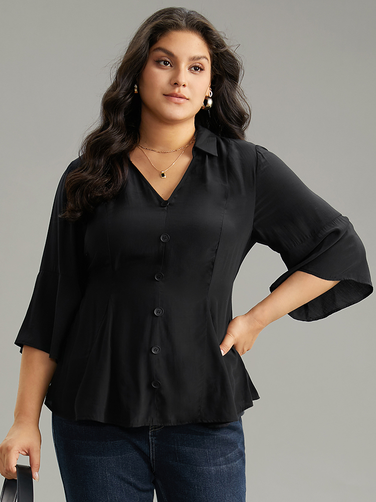 

Plus Size Black Plain Button Detail Bell Sleeve Blouse Women Office Elbow-length sleeve Shirt collar Work Blouses BloomChic