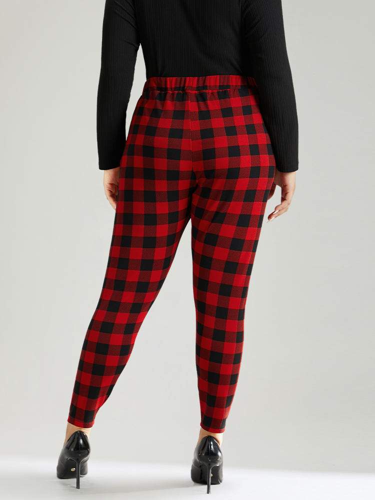 Plus Size Plaid Elastic Waist High Rise Skinny Leggings Women Raspberry Elegant High stretch Skinny High Rise Festival-Christmas Leggings BloomChic 22-24/3X 