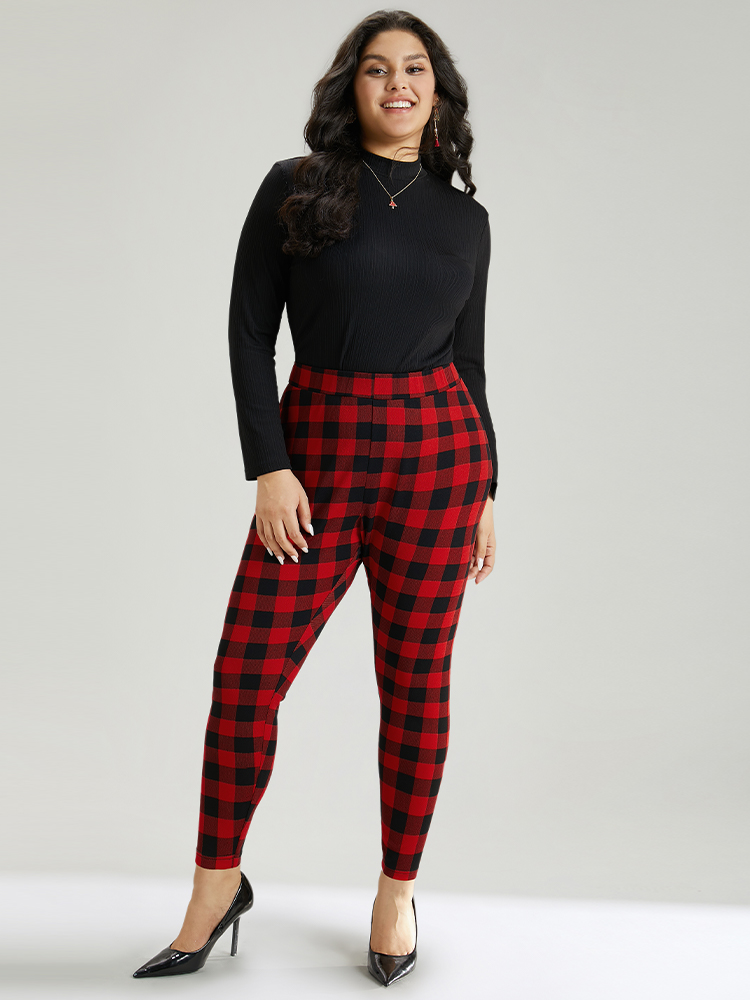 Plus Size Plaid Elastic Waist High Rise Skinny Leggings Women Raspberry Elegant High stretch Skinny High Rise Festival-Christmas Leggings BloomChic 22-24/3X 