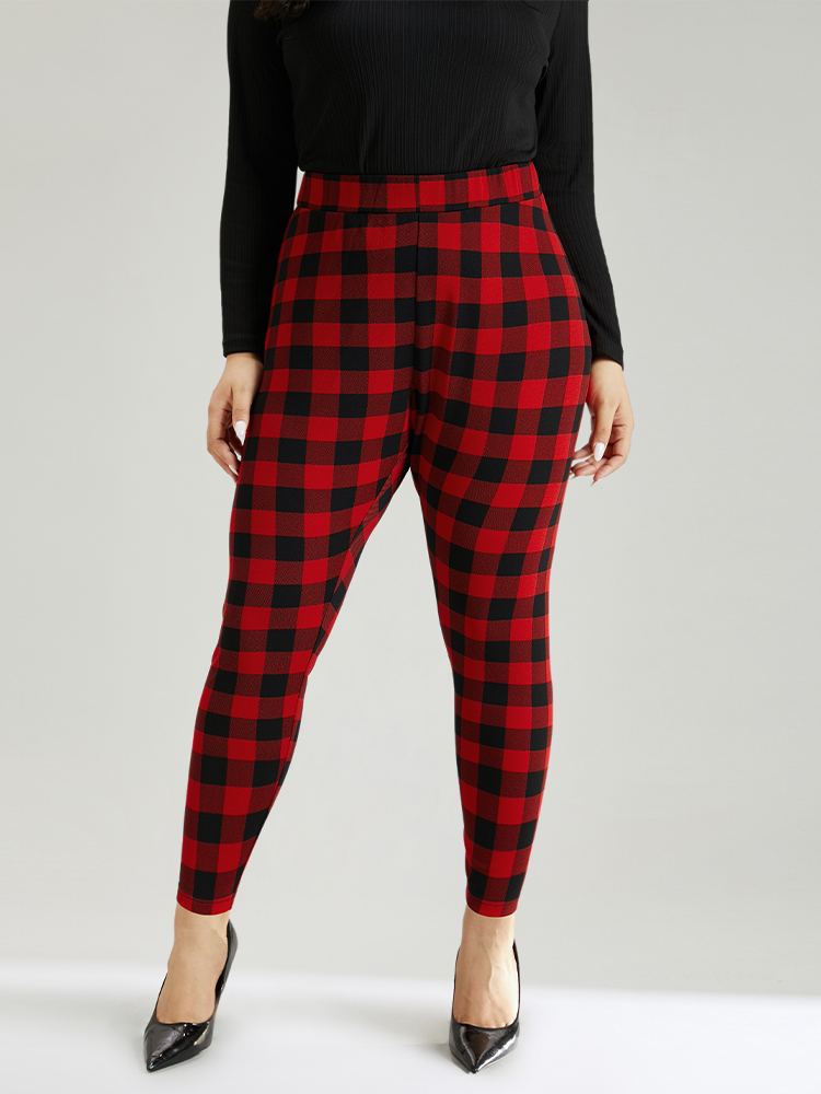 Plus Size Plaid Elastic Waist High Rise Skinny Leggings Women Raspberry Elegant High stretch Skinny High Rise Festival-Christmas Leggings BloomChic 22-24/3X 