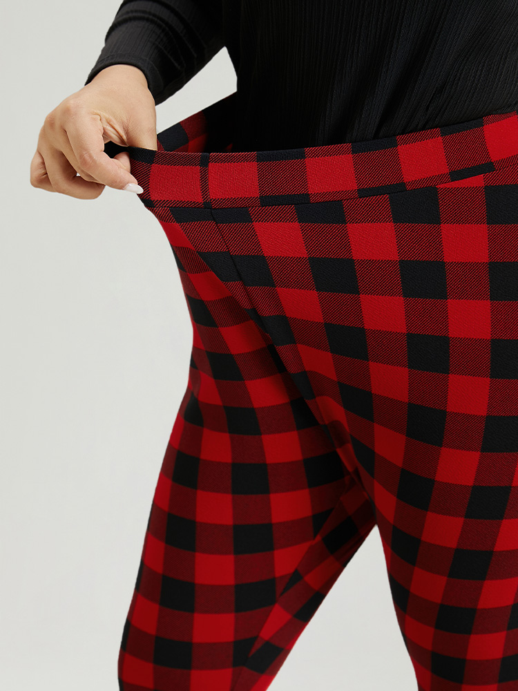Plus Size Plaid Elastic Waist High Rise Skinny Leggings Women Raspberry Elegant High stretch Skinny High Rise Festival-Christmas Leggings BloomChic 22-24/3X 