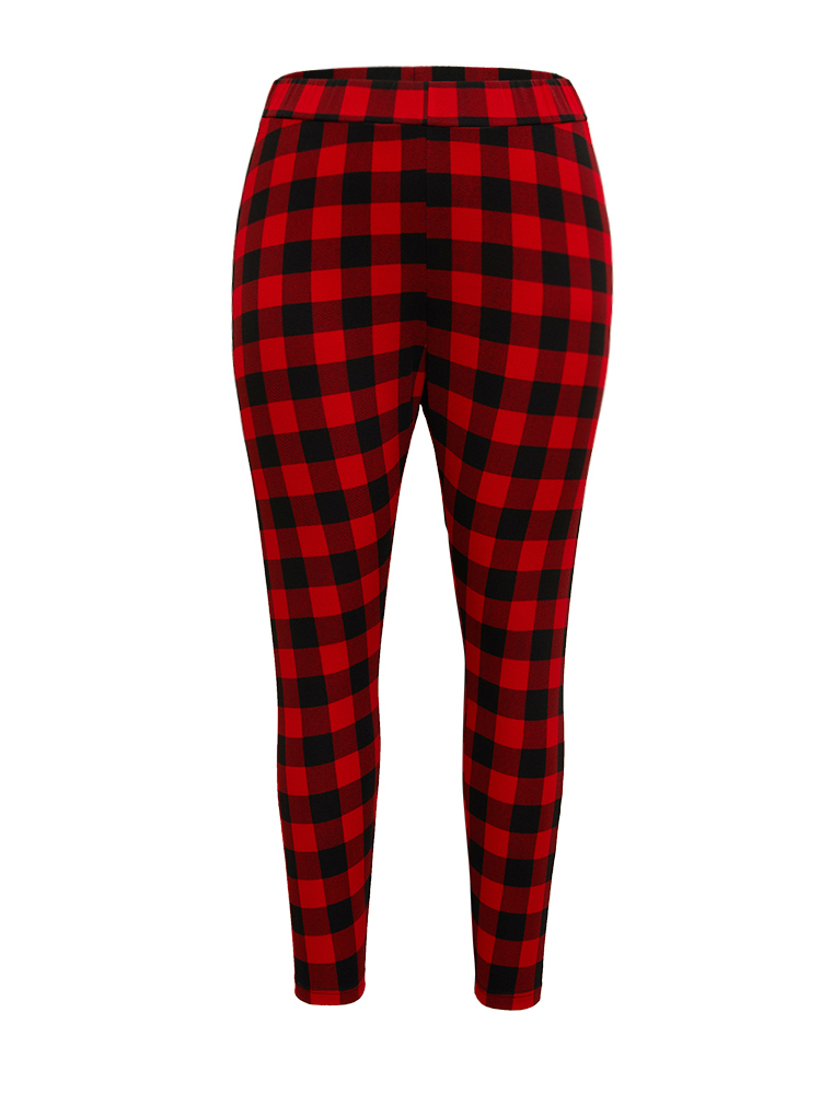 

Plus Size Plaid Elastic Waist High Rise Skinny Leggings Women Raspberry Elegant High stretch Skinny High Rise Festival-Christmas Leggings BloomChic