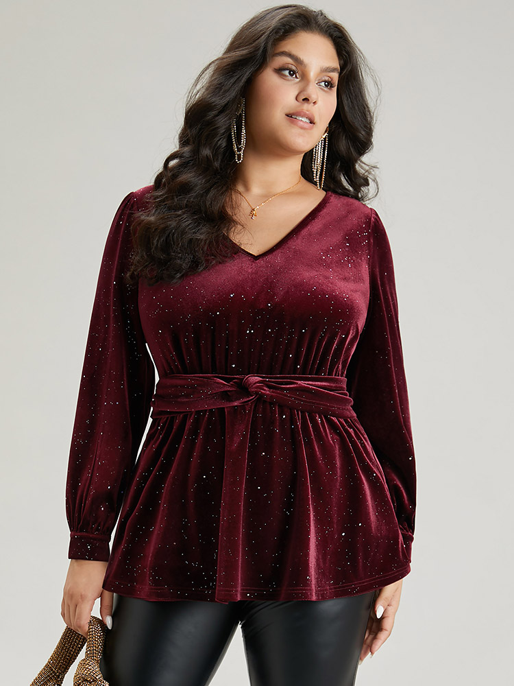 

Plus Size Scarlet Glitter Sequin Velvet Twist Front V Neck Blouse Women Cocktail Long Sleeve V-neck Party Blouses BloomChic