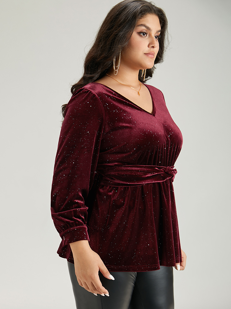 

Plus Size Scarlet Glitter Sequin Velvet Twist Front V Neck Blouse Women Cocktail Long Sleeve V-neck Party Blouses BloomChic