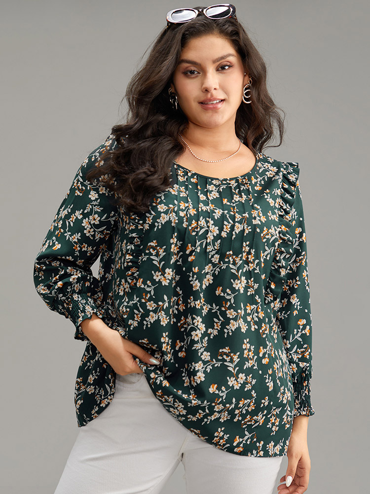 

Plus Size DarkGreen Ditsy Floral Shirred Cuffs Frill Trim Blouse Women Elegant Long Sleeve Round Neck Dailywear Blouses BloomChic