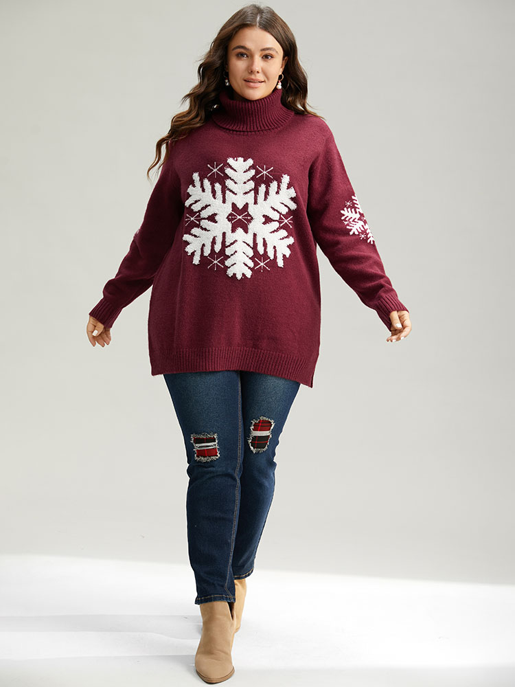 

Plus Size Snowflake Turtle Neck Fuzzy Pullover Scarlet Women Casual Loose Long Sleeve Turtleneck Festival-Christmas Pullovers BloomChic