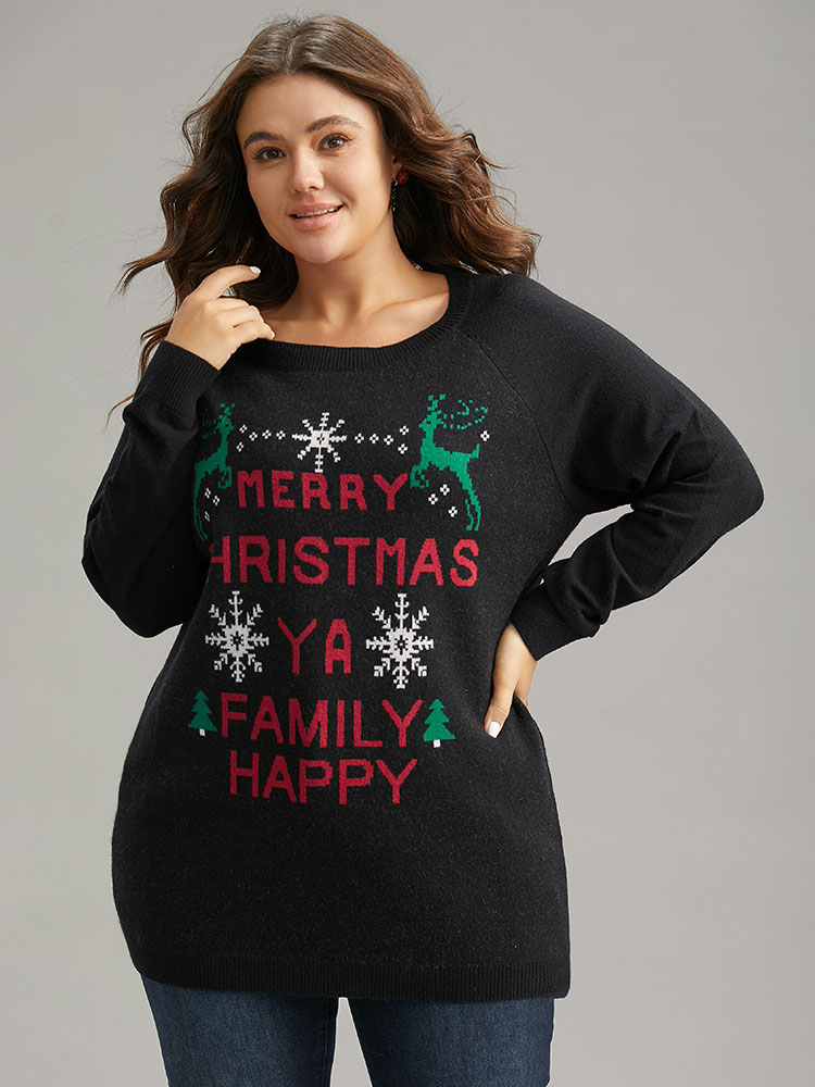 

Plus Size Supersoft Essentials Christmas Elk Letter Crew Neck Pullover Black Women Casual Long Sleeve Round Neck Festival-Christmas Pullovers BloomChic