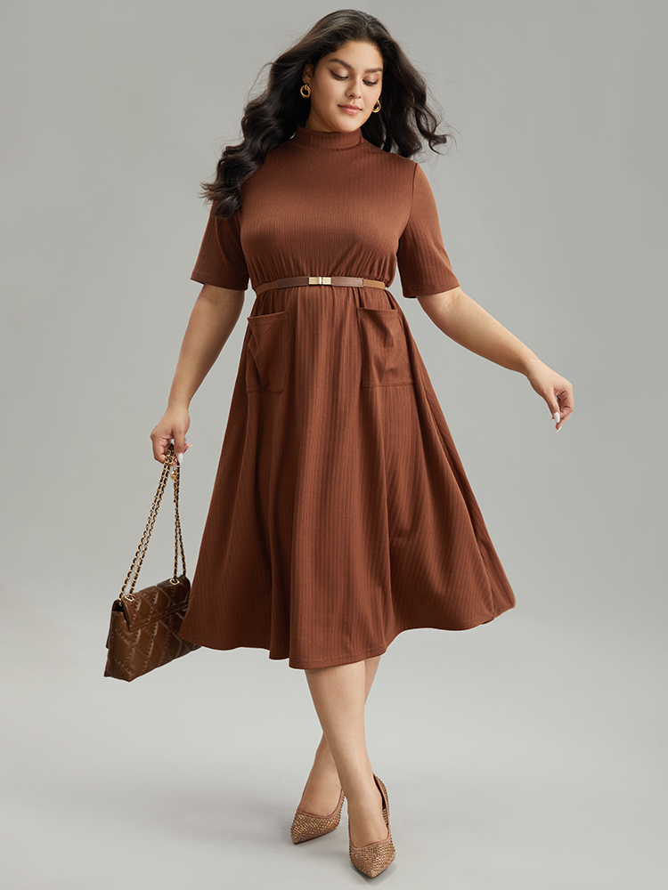 

Plus Size Solid Rib Knit Mock Neck Pocket Dress Chocolate Women Office Plain Mock Neck Short sleeve Curvy Midi Dress BloomChic