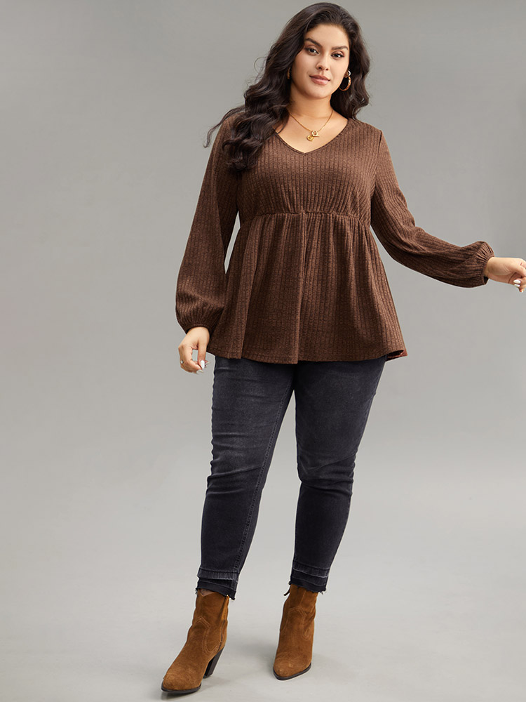 

Plain Rib Knit Gathered Lantern Sleeve T-shirt, Chocolate