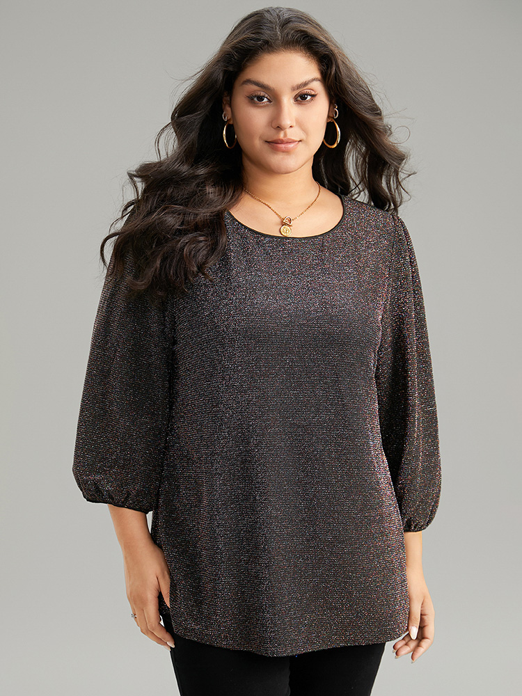 

Plus Size Lurex Round Neck Lantern Sleeve T-shirt Black Round Neck Elbow-length sleeve Casual Jersey Tops