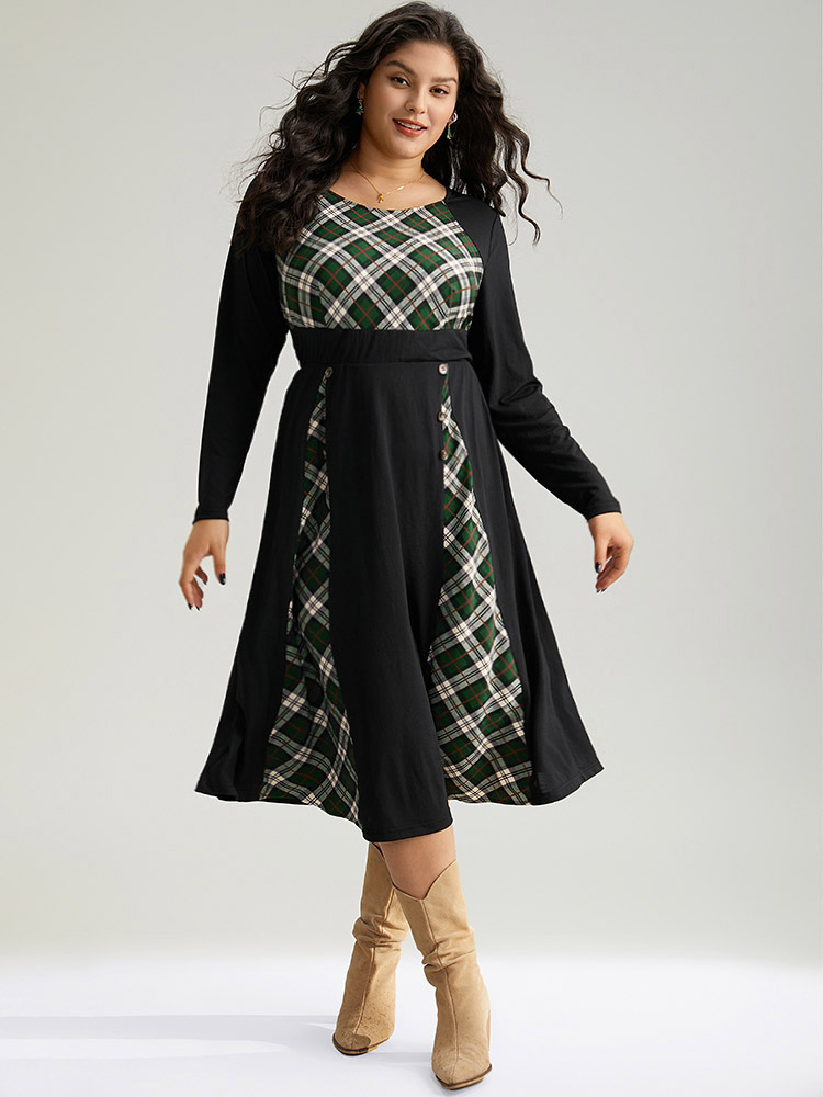 

Plus Size Christmas Plaid Patchwork Button Detail Dress Black Women Elegant Printed Round Neck Long Sleeve Curvy Midi Dress BloomChic