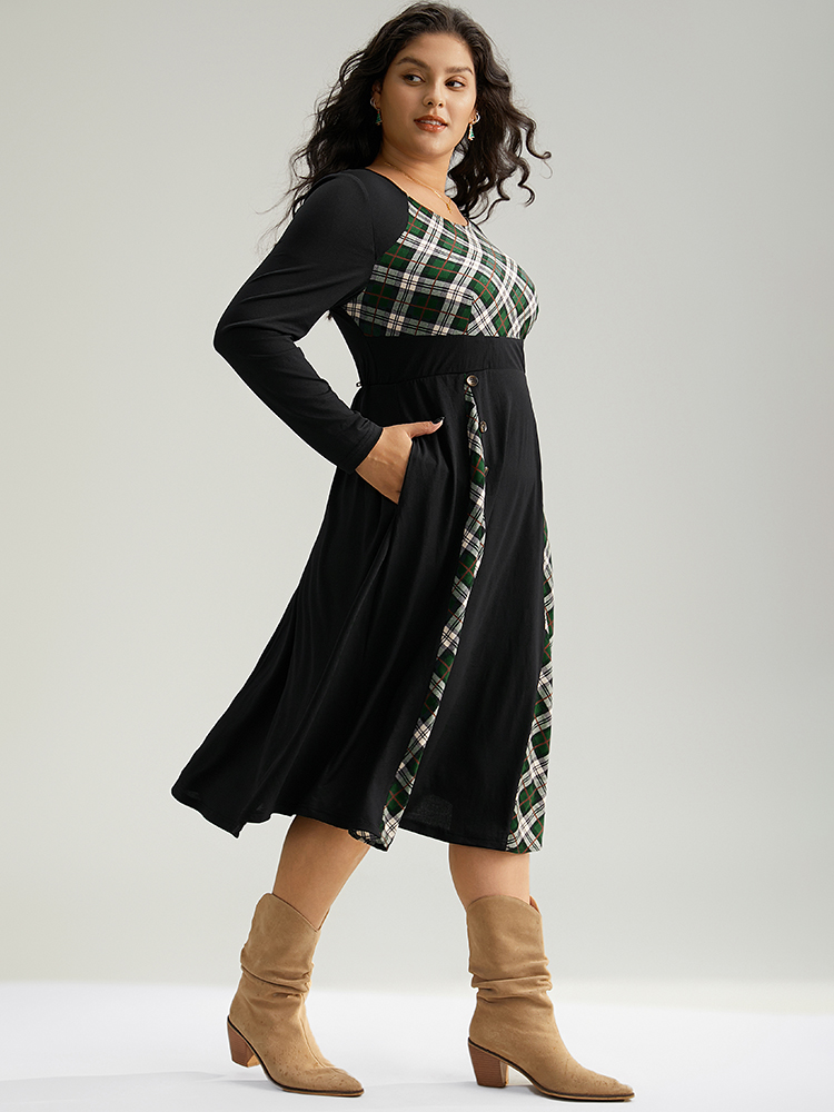 Plus Size Christmas Plaid Patchwork Button Detail Dress Black Women Elegant Printed Round Neck Long Sleeve Curvy Midi Dress BloomChic 22-24/3X 