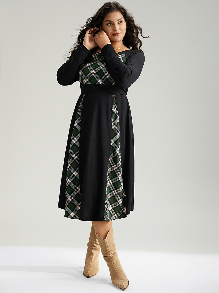 Plus Size Christmas Plaid Patchwork Button Detail Dress Black Women Elegant Printed Round Neck Long Sleeve Curvy Midi Dress BloomChic 22-24/3X 
