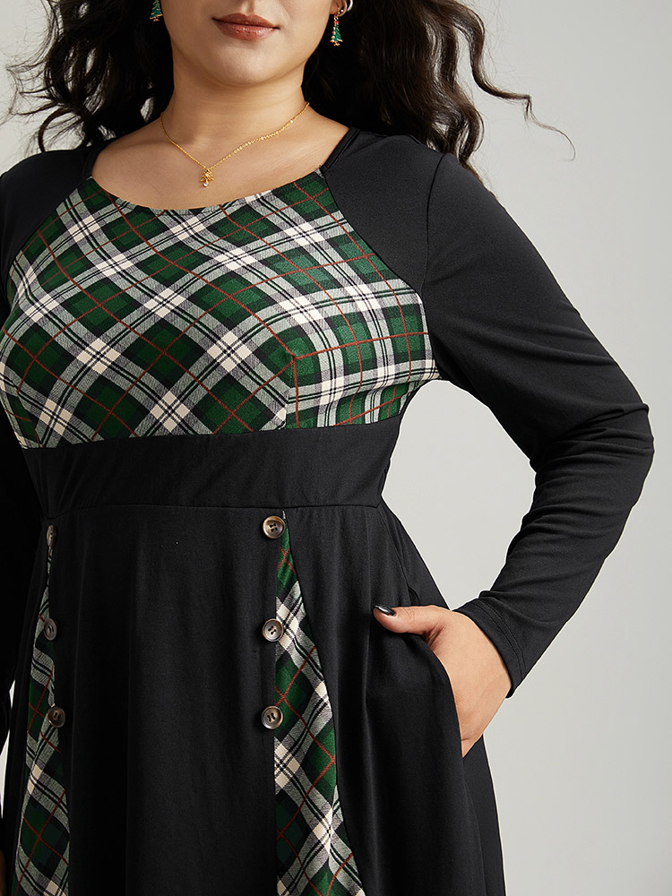 

Plus Size Christmas Plaid Patchwork Button Detail Dress Black Women Elegant Printed Round Neck Long Sleeve Curvy Midi Dress BloomChic