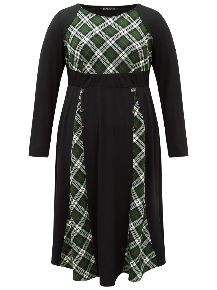 Plus Size Christmas Plaid Patchwork Button Detail Dress Black Women Elegant Printed Round Neck Long Sleeve Curvy Midi Dress BloomChic 22-24/3X 