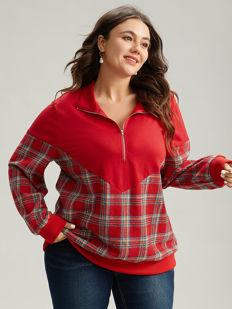 Plus Size Women Festival-Christmas Plaid Elastic cuffs Regular Regular Sleeve Long Sleeve Lapel Collar Casual Sweatshirts BloomChic 