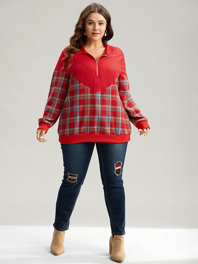 Plus Size Women Festival-Christmas Plaid Elastic cuffs Regular Regular Sleeve Long Sleeve Lapel Collar Casual Sweatshirts BloomChic 