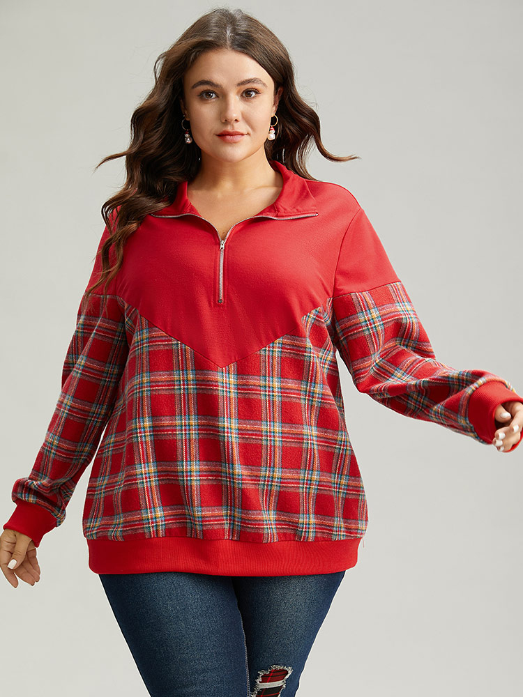Plus Size Women Festival-Christmas Plaid Elastic cuffs Regular Regular Sleeve Long Sleeve Lapel Collar Casual Sweatshirts BloomChic 